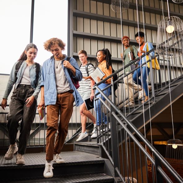 students walking down stairs